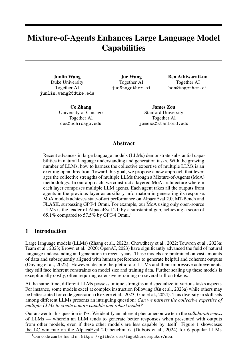 Mixture-of-Agents Enhances Large Language Model Capabilities