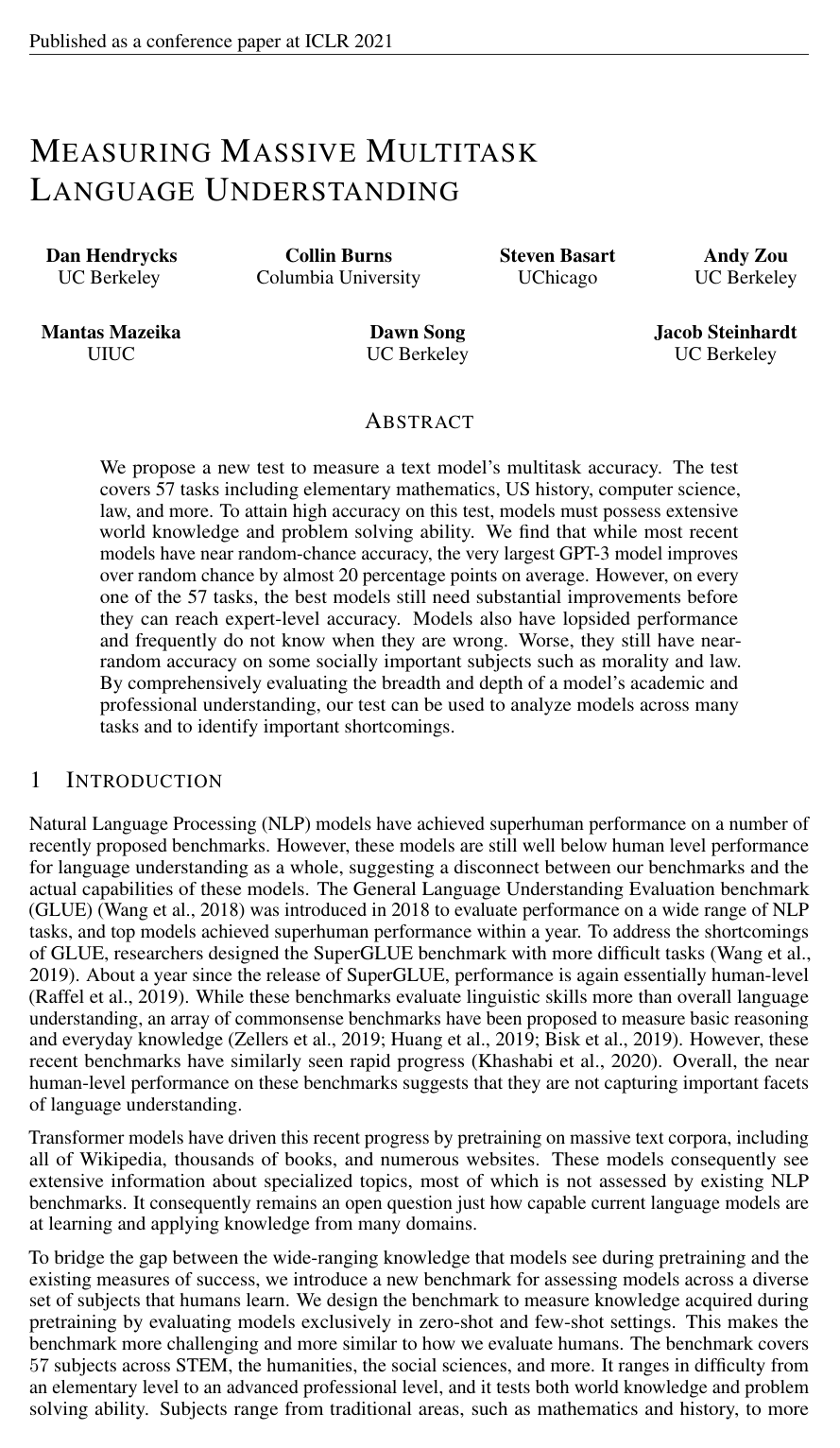 Measuring Massive Multitask Language Understanding