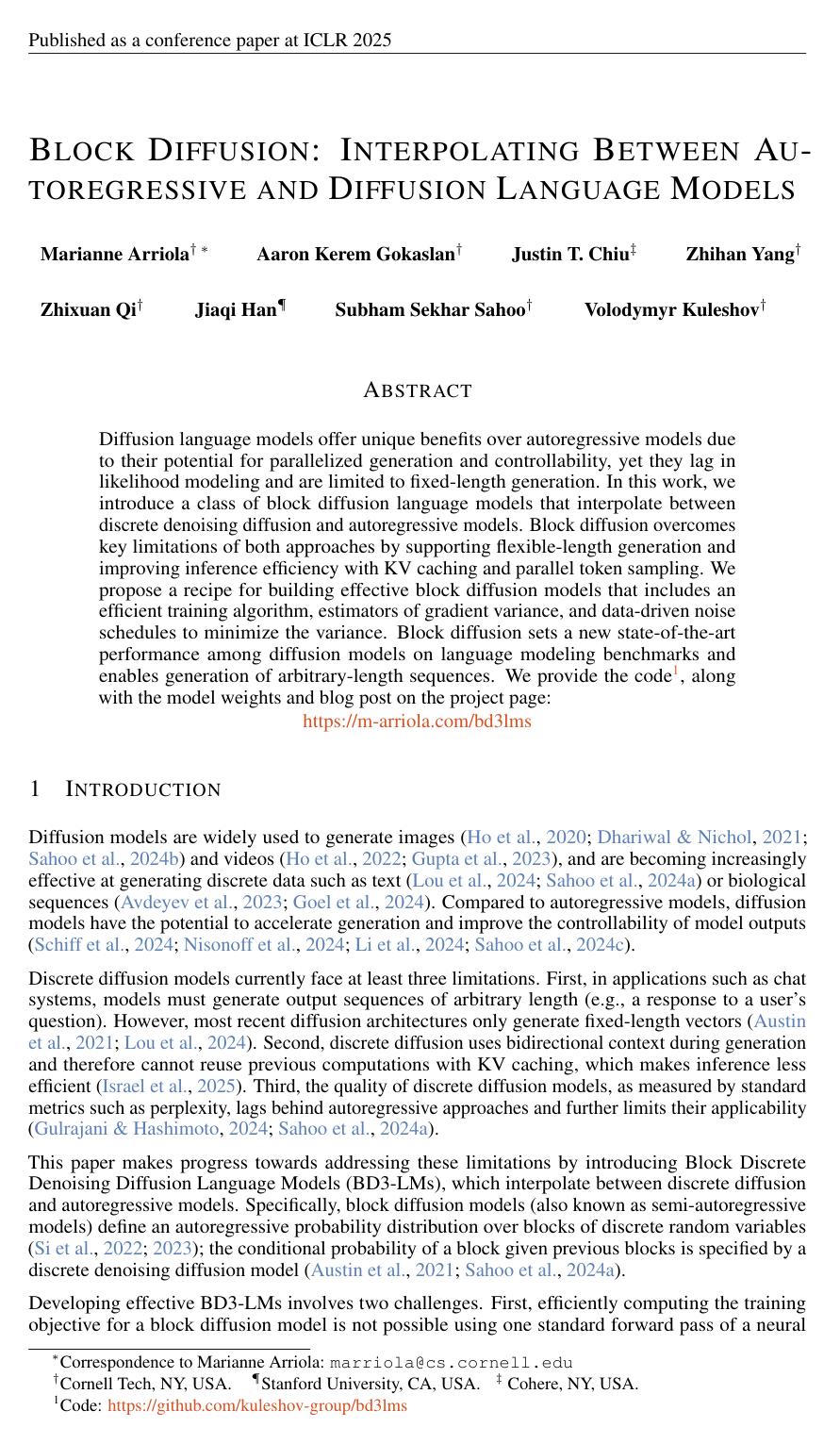 Block Diffusion: Interpolating Between Autoregressive and Diffusion Language Models