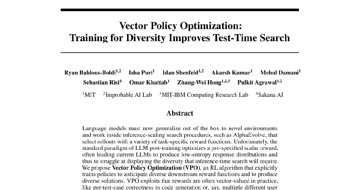 Vector Policy Optimization: Training for Diversity Improves Test-Time Search cover