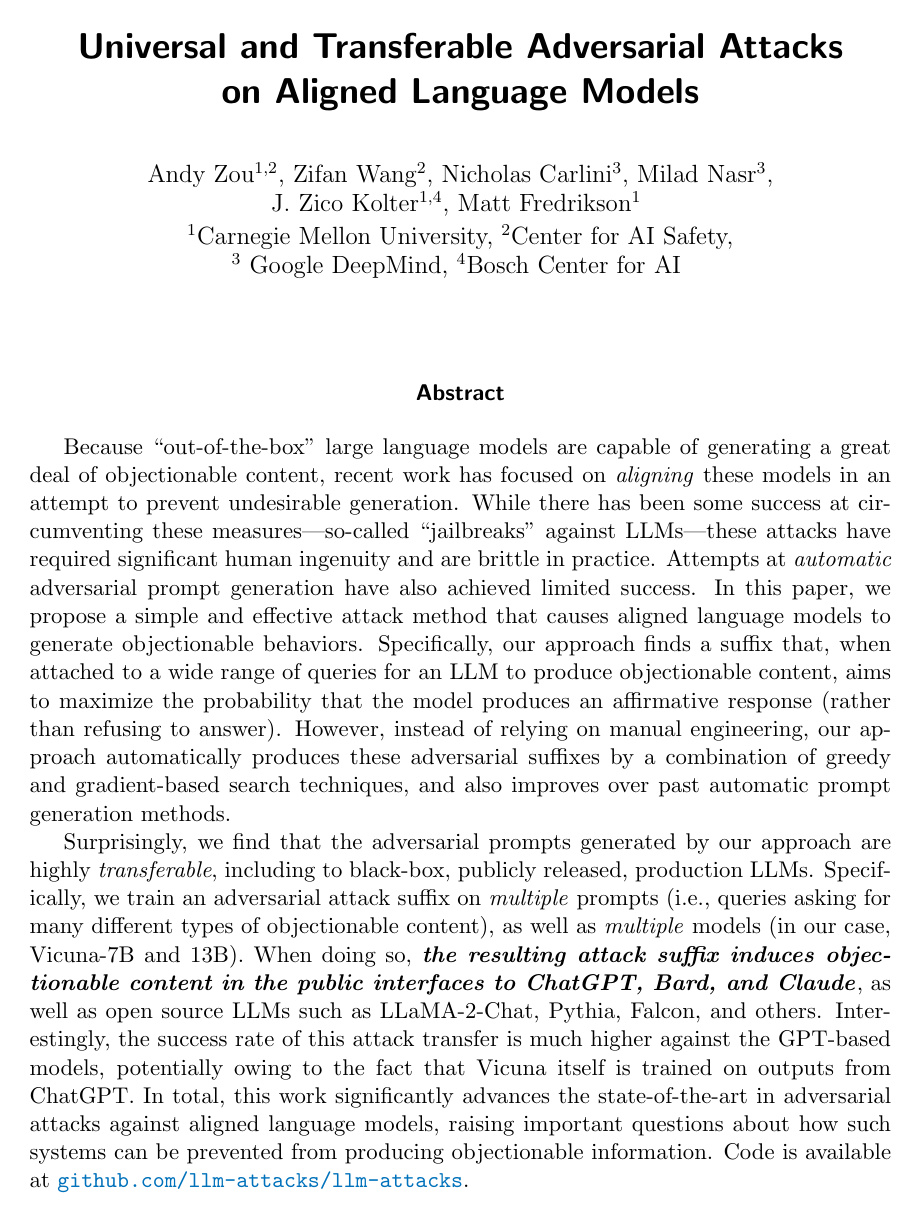 Universal and Transferable Adversarial Attacks on Aligned Language Models