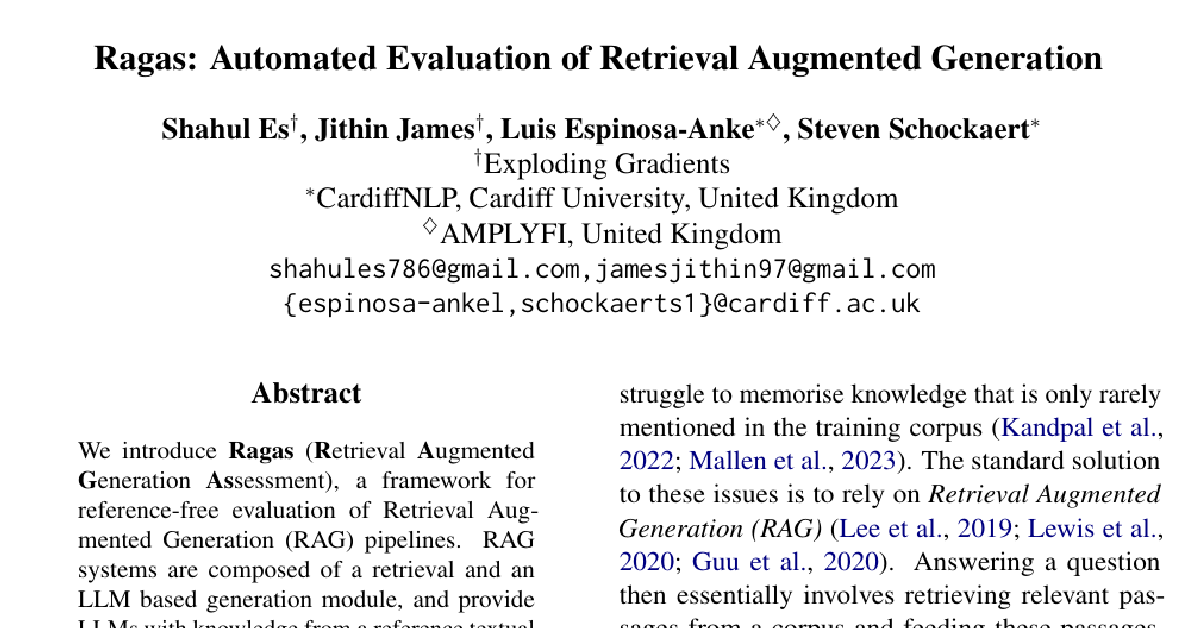Ragas: Automated Evaluation of Retrieval Augmented Generation cover