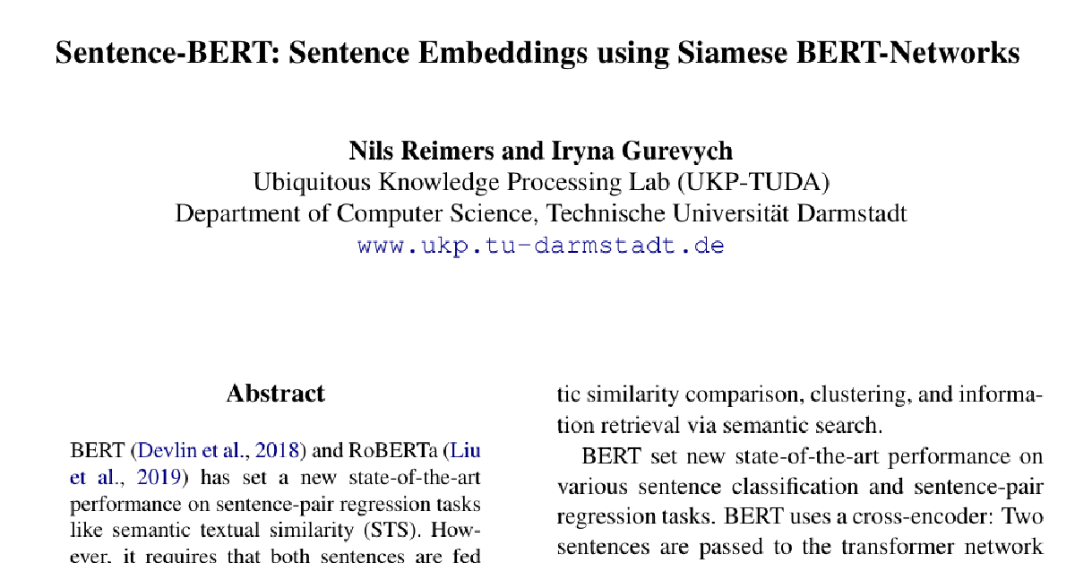 Sentence-BERT: Sentence Embeddings using Siamese BERT-Networks cover