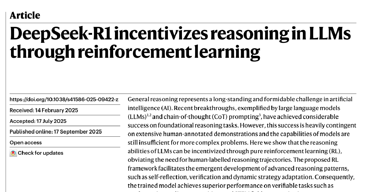 DeepSeek-R1 incentivizes reasoning in LLMs through reinforcement learning cover