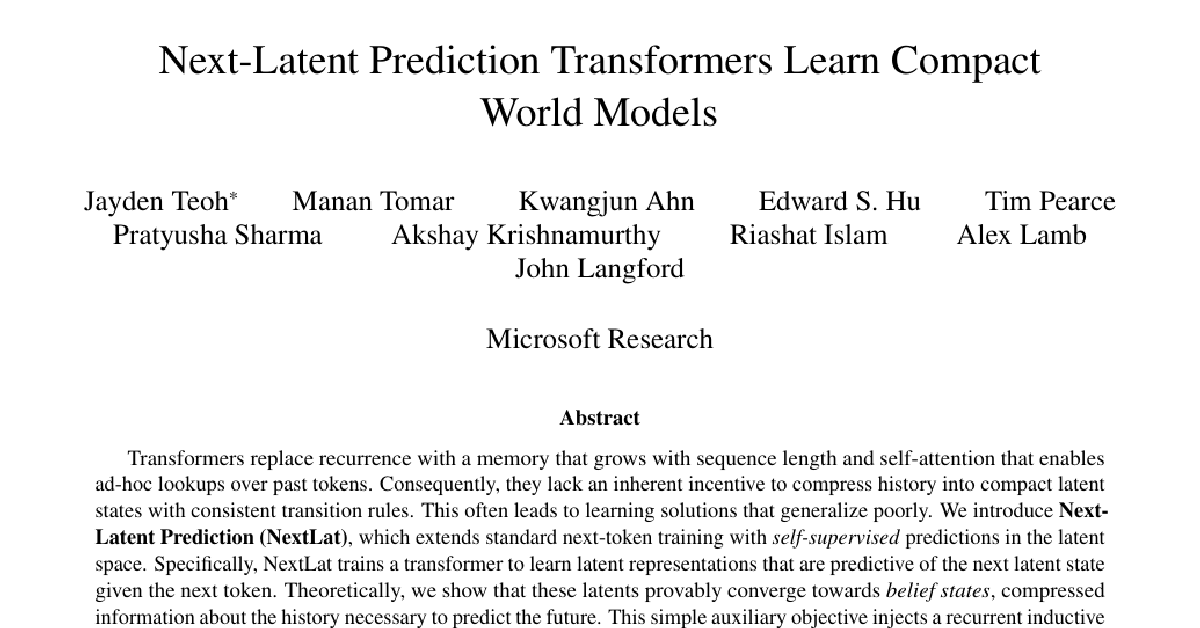 Next-Latent Prediction Transformers Learn Compact World Models cover