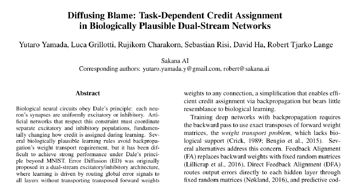 Diffusing Blame: Task-Dependent Credit Assignment in Biologically Plausible Dual-Stream Networks cover