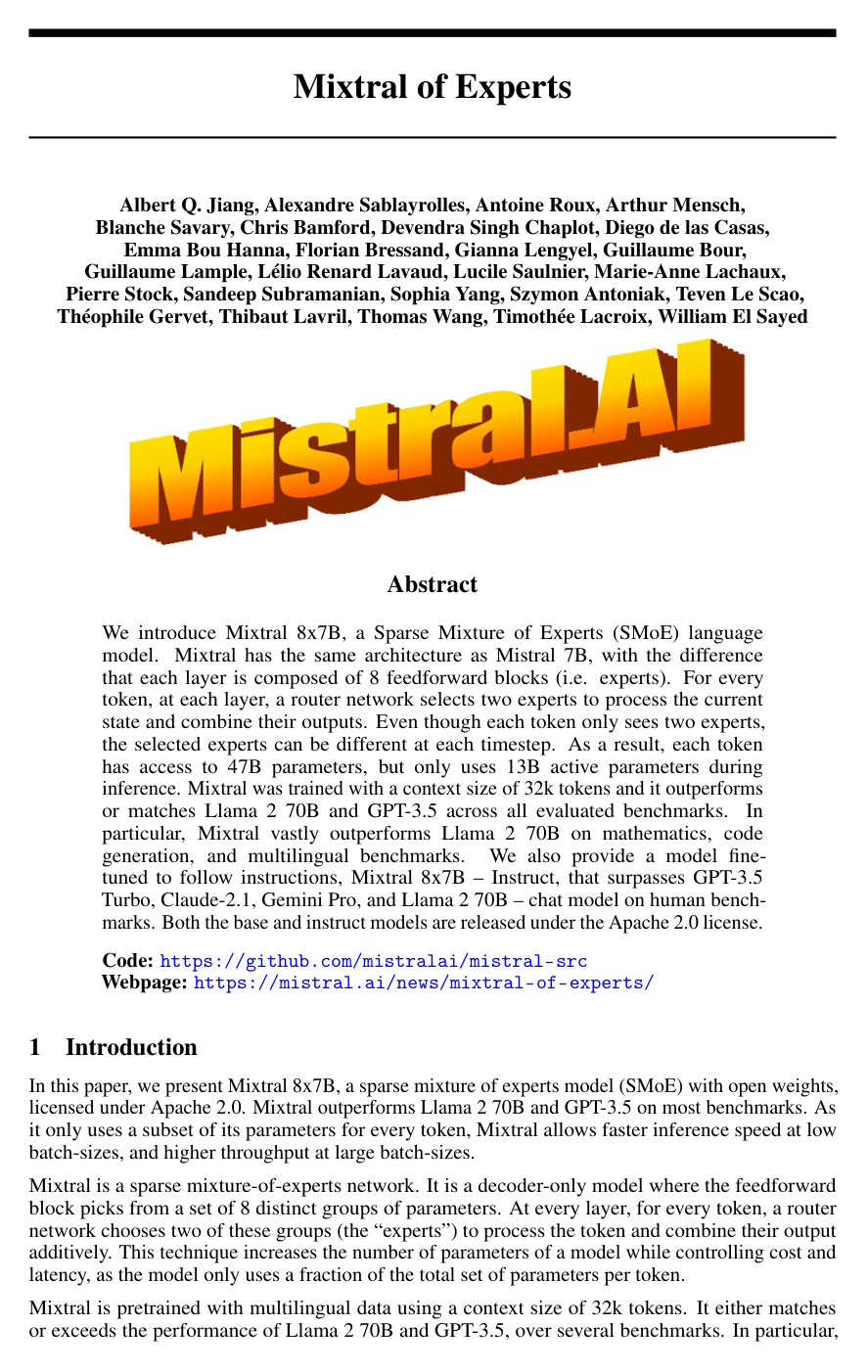 Mixtral of Experts