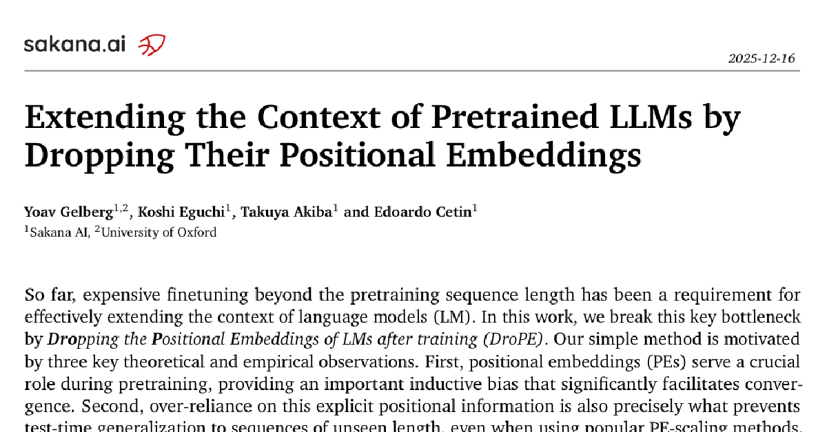 Extending the Context of Pretrained LLMs by Dropping Their Positional Embeddings cover