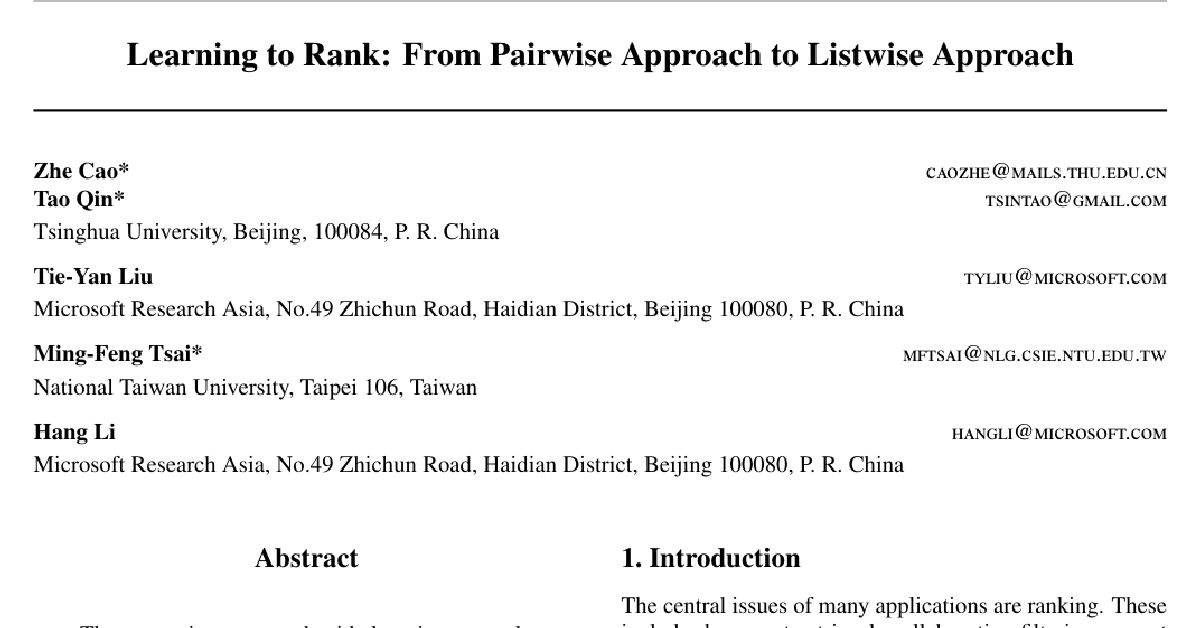 Learning to rank: from pairwise approach to listwise approach cover
