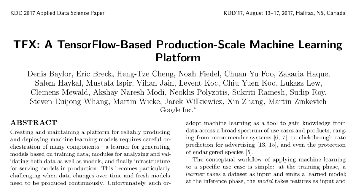 TFX: A TensorFlow-Based Production-Scale Machine Learning Platform cover