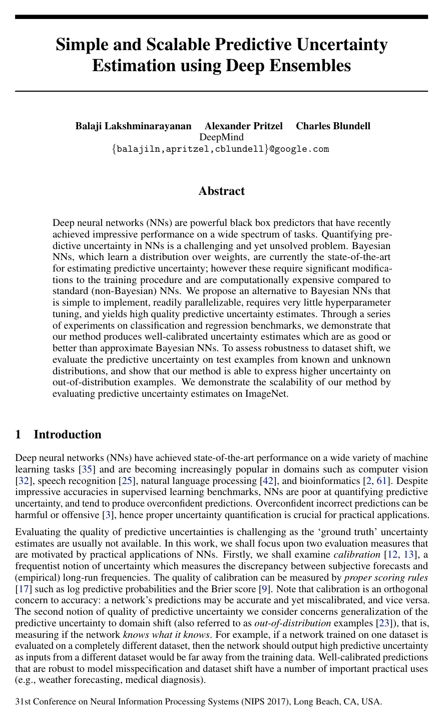 Simple and Scalable Predictive Uncertainty Estimation using Deep Ensembles