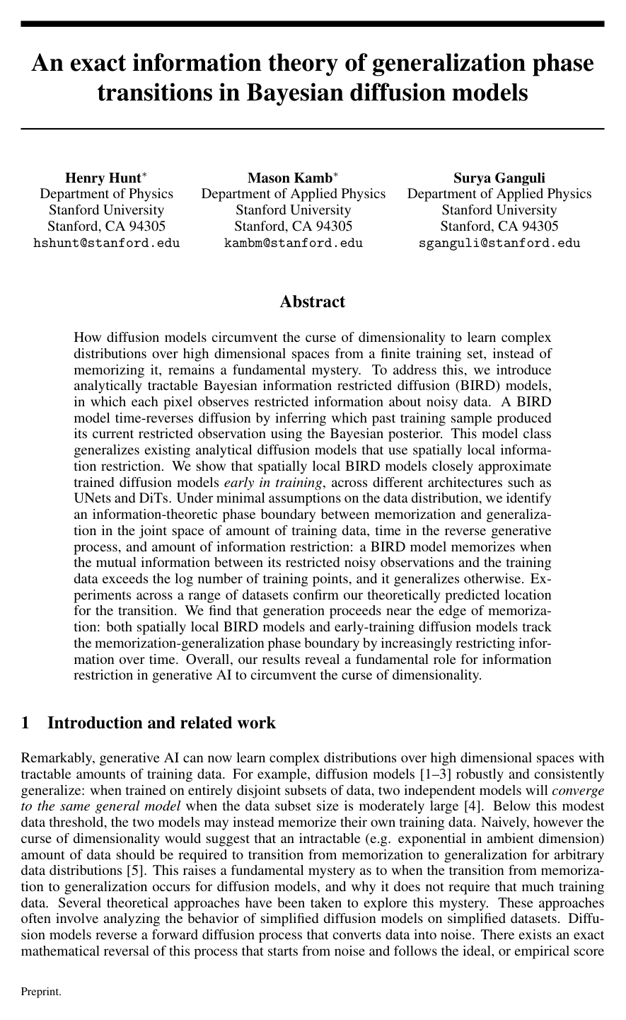 An exact information theory of generalization phase transitions in Bayesian diffusion models