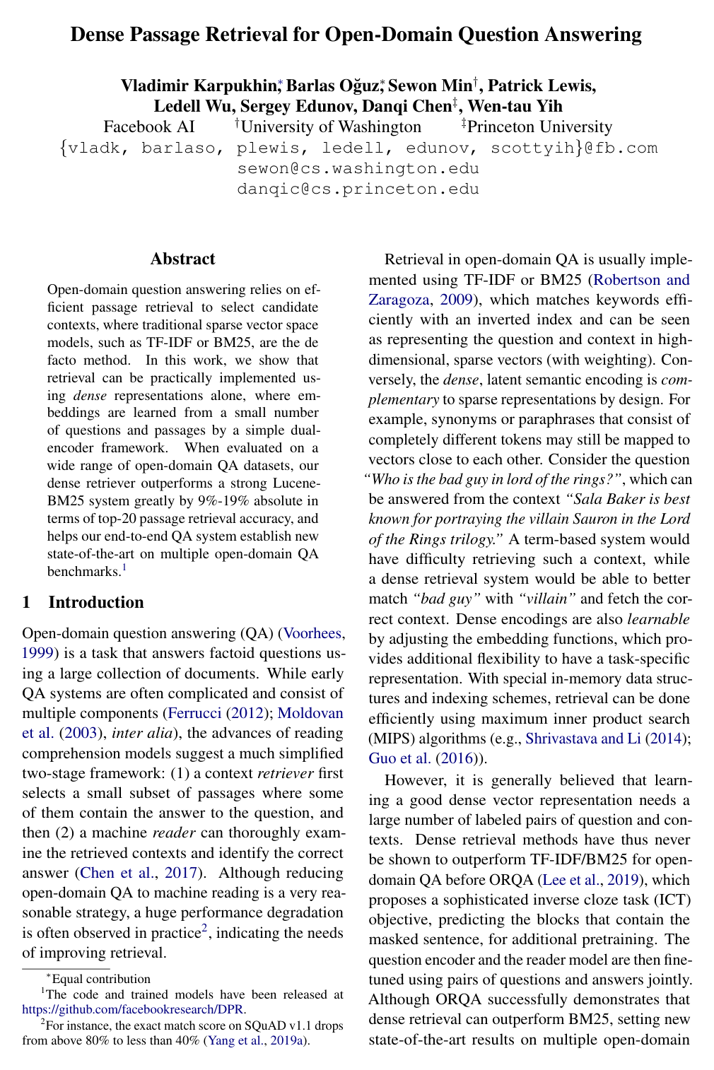 Dense Passage Retrieval for Open-Domain Question Answering