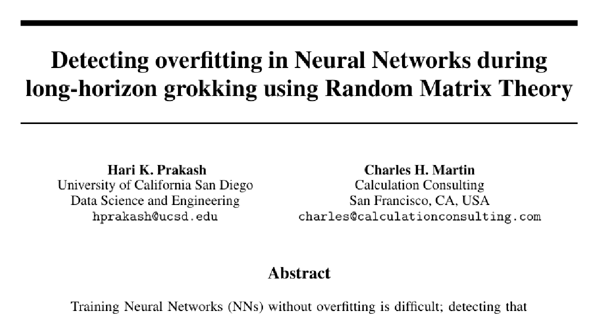 Detecting overfitting in Neural Networks during long-horizon grokking using Random Matrix Theory cover