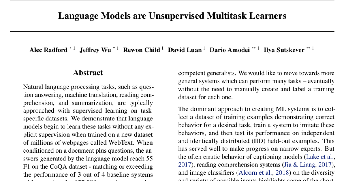 Language Models are Unsupervised Multitask Learners cover