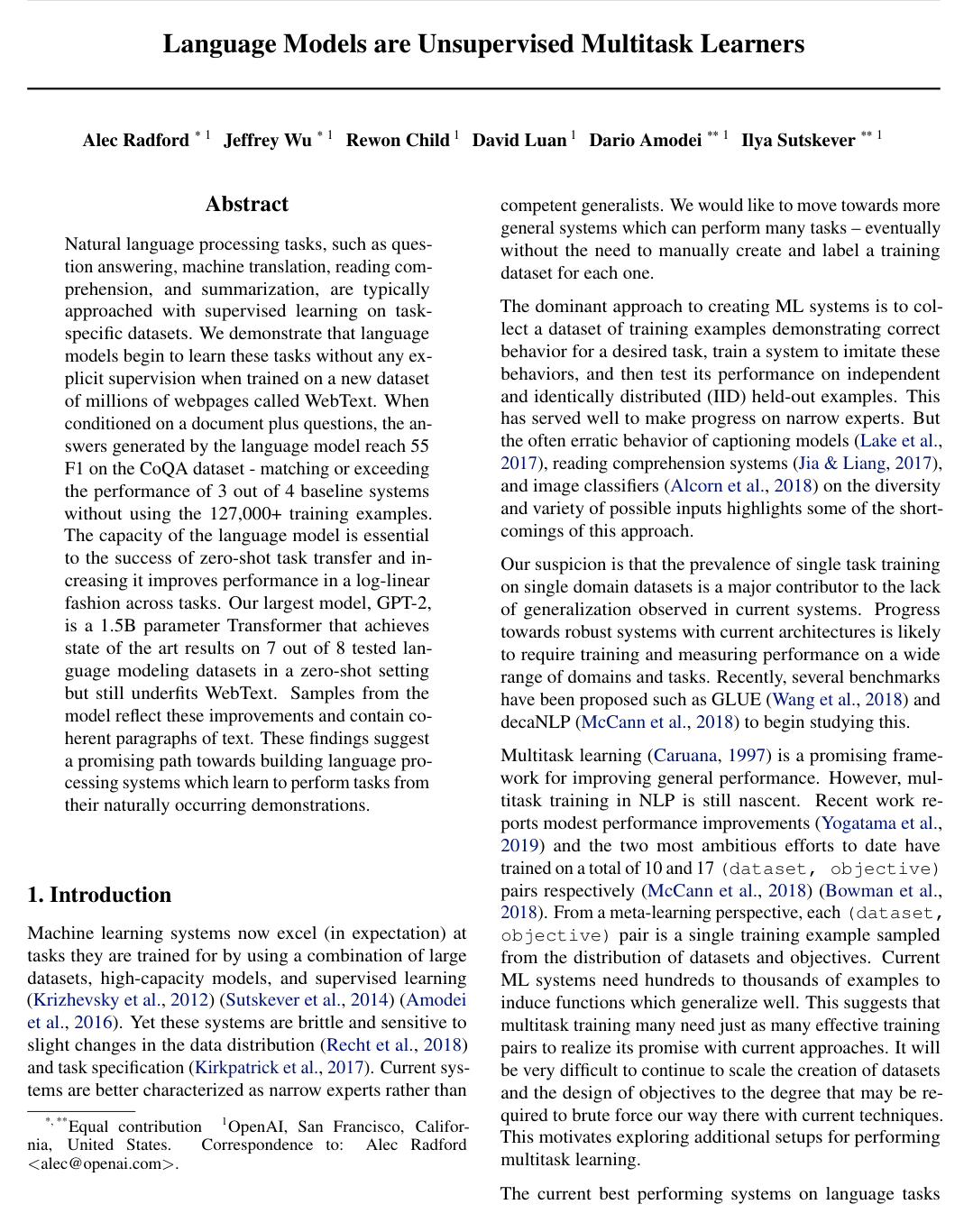 Language Models are Unsupervised Multitask Learners