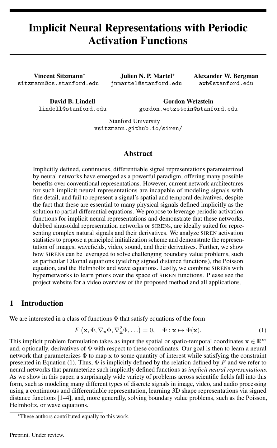 Implicit Neural Representations with Periodic Activation Functions