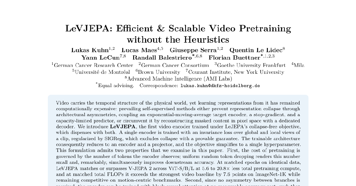 LeVJEPA: Efficient & Scalable Video Pretraining without the Heuristics cover