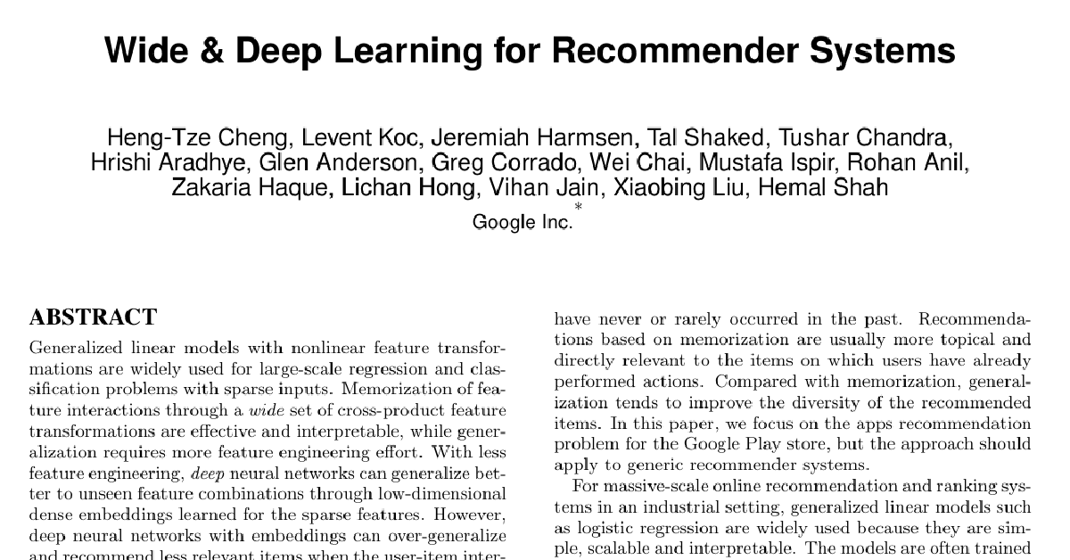 Wide & Deep Learning for Recommender Systems cover