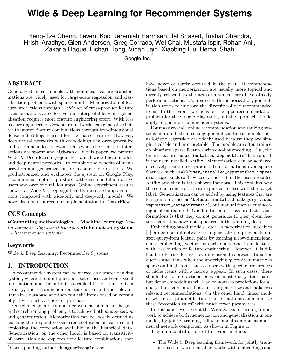 Wide & Deep Learning for Recommender Systems
