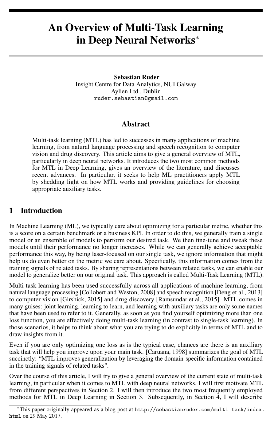 An Overview of Multi-Task Learning in Deep Neural Networks