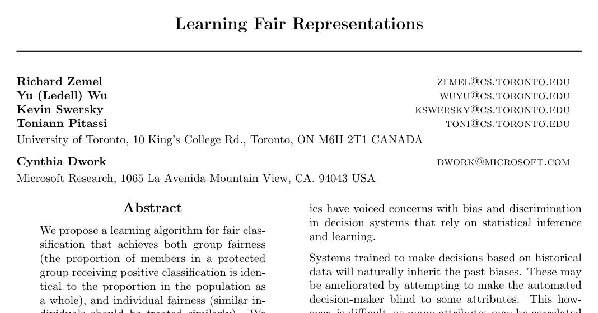Learning Fair Representations cover