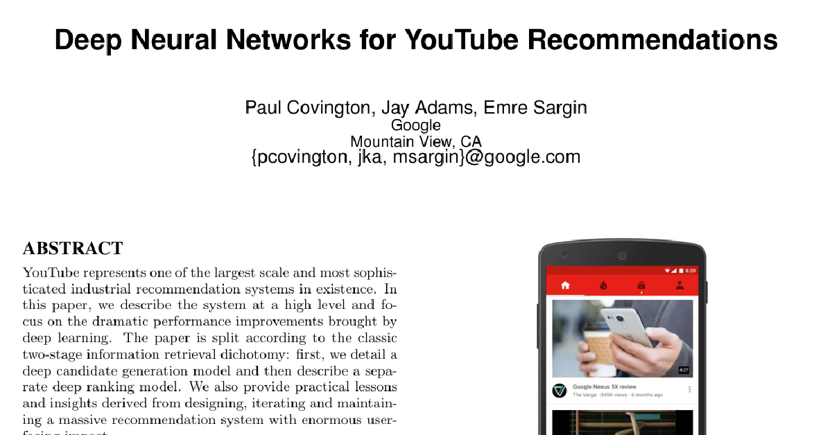 Deep Neural Networks for YouTube Recommendations cover