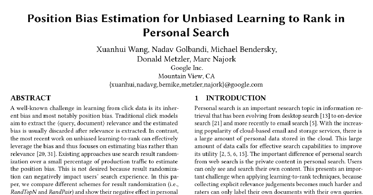 Position Bias Estimation for Unbiased Learning to Rank in Personal Search cover