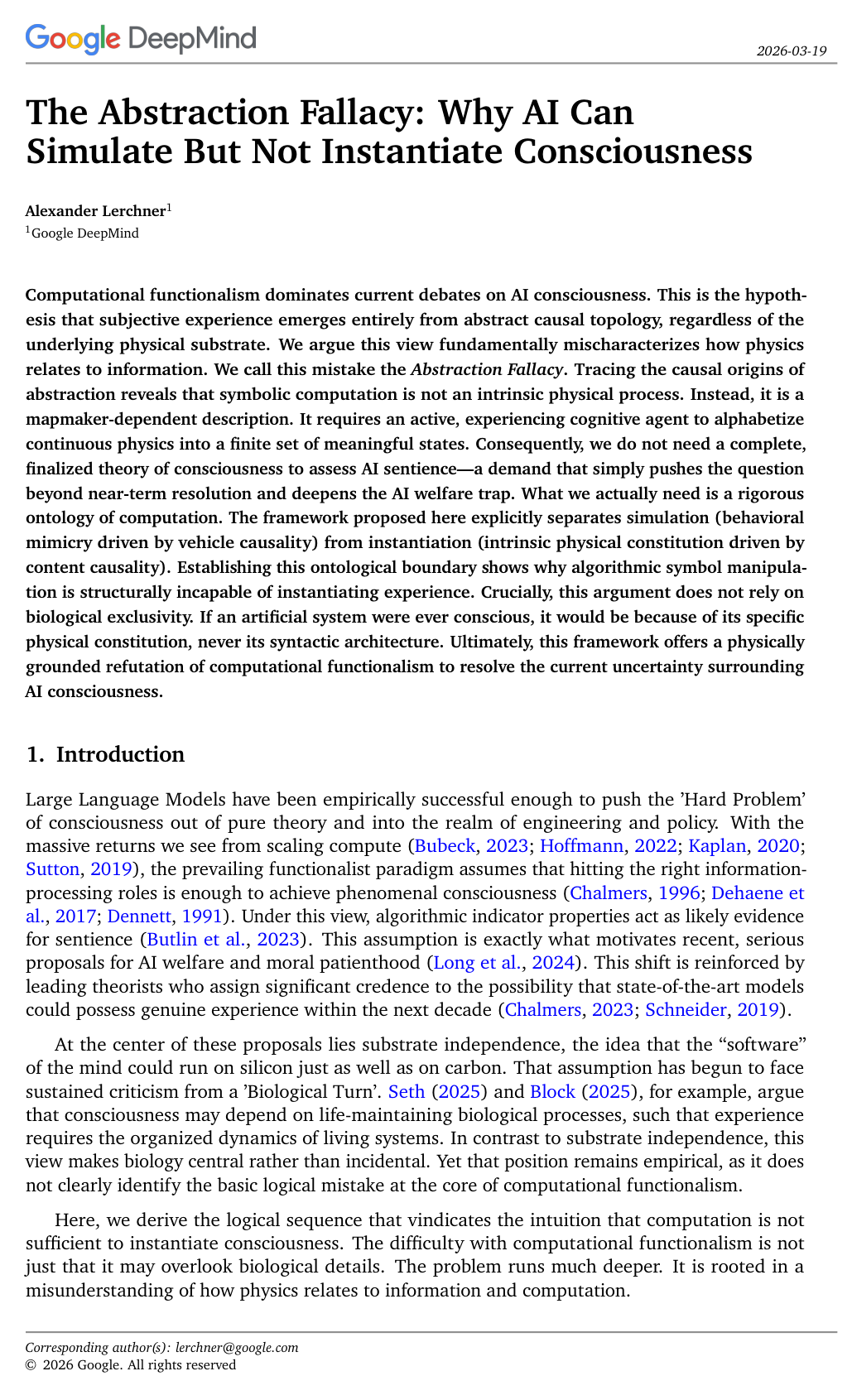 The Abstraction Fallacy: Why AI Can Simulate But Not Instantiate Consciousness
