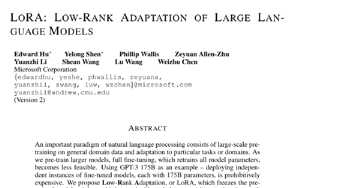 LoRA: Low-Rank Adaptation of Large Language Models cover