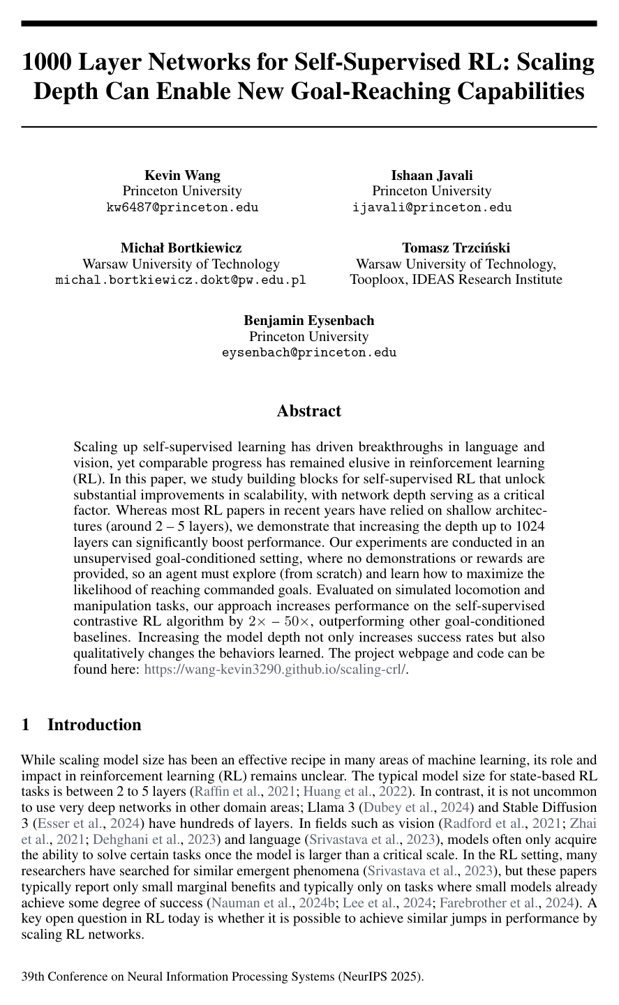 1000 Layer Networks for Self-Supervised RL: Scaling Depth Can Enable New Goal-Reaching Capabilities