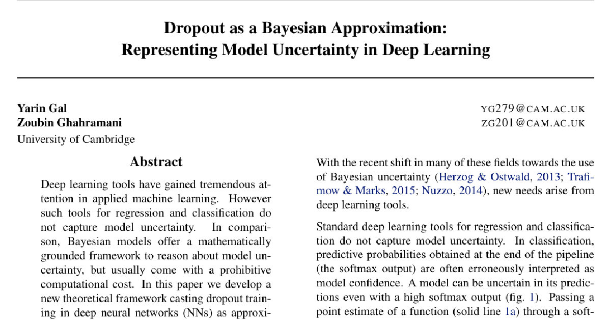 Dropout as a Bayesian Approximation: Representing Model Uncertainty in Deep Learning cover
