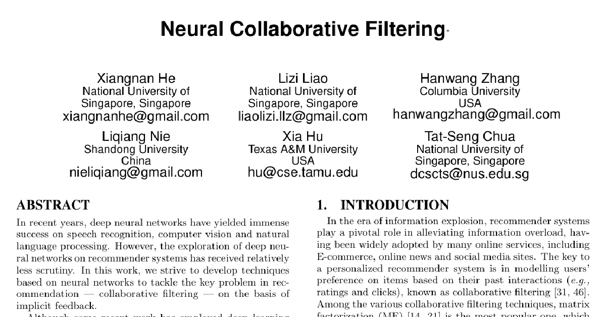 Neural Collaborative Filtering cover