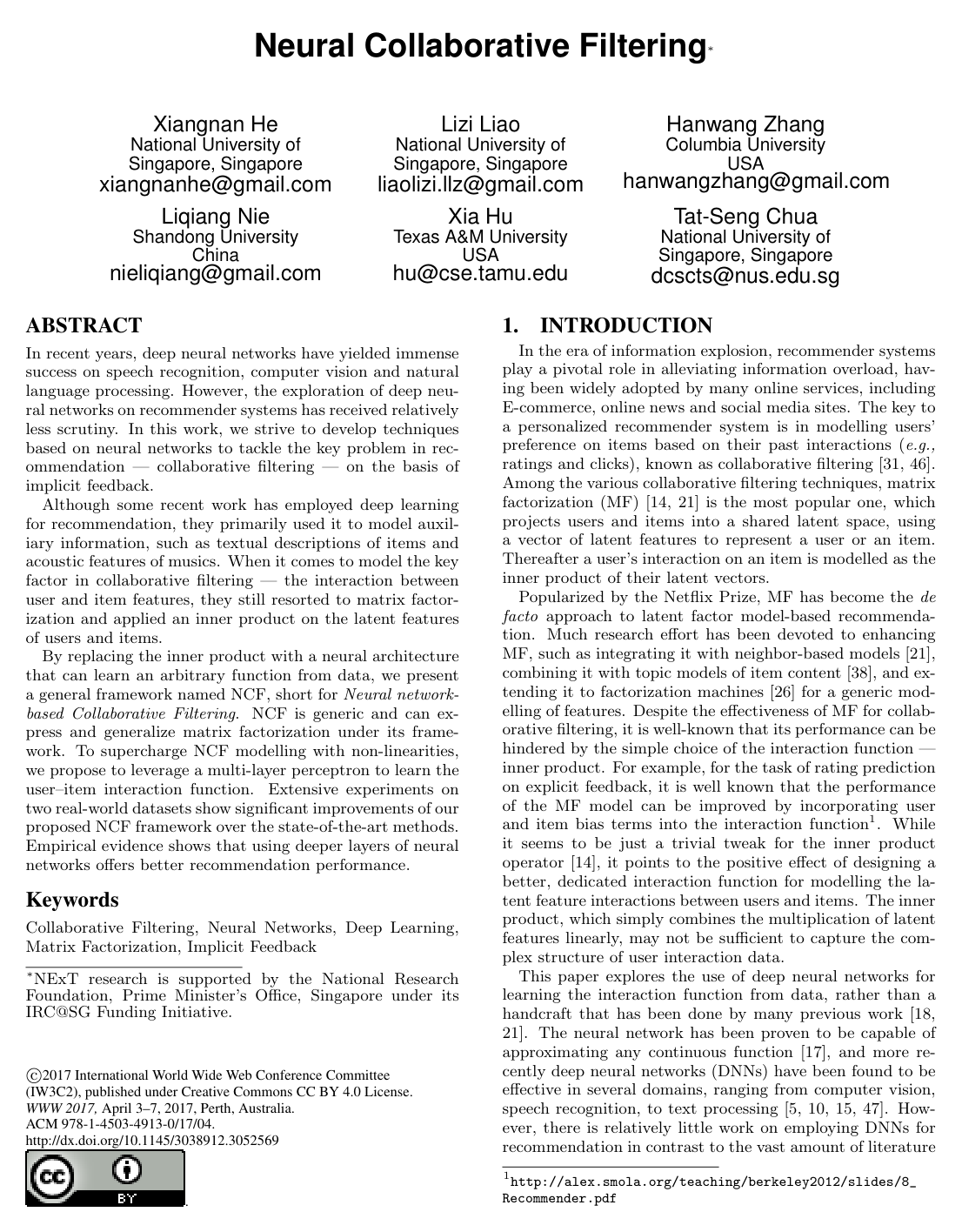 Neural Collaborative Filtering