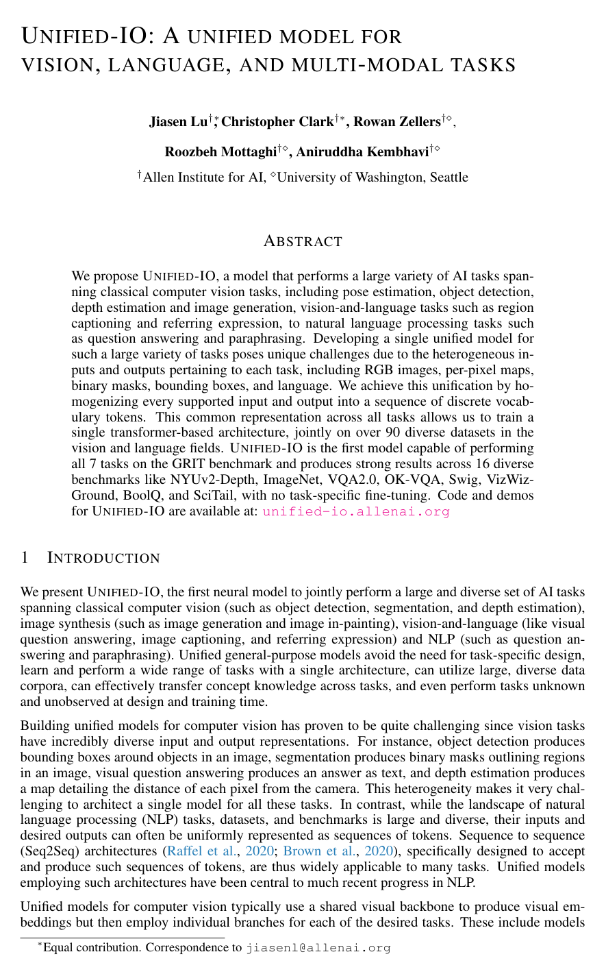 Unified-IO: A Unified Model for Vision, Language, and Multi-Modal Tasks