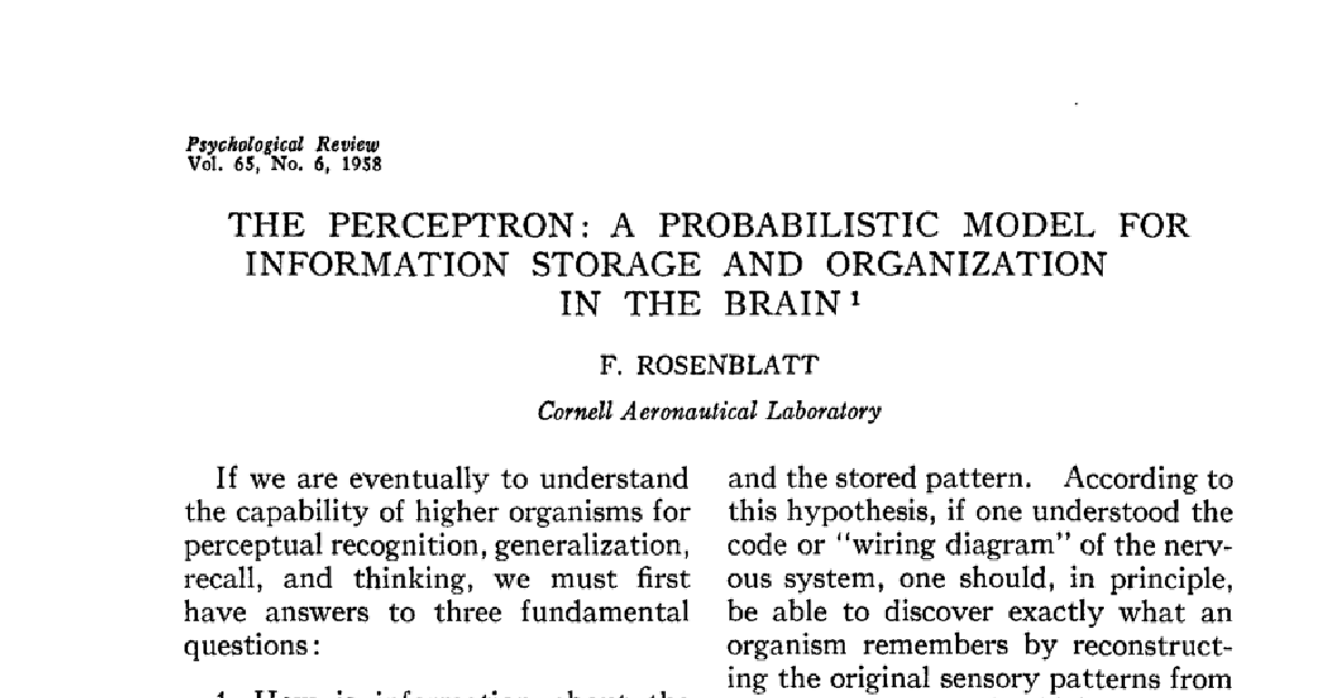 The perceptron: A probabilistic model for information storage and organization in the brain cover