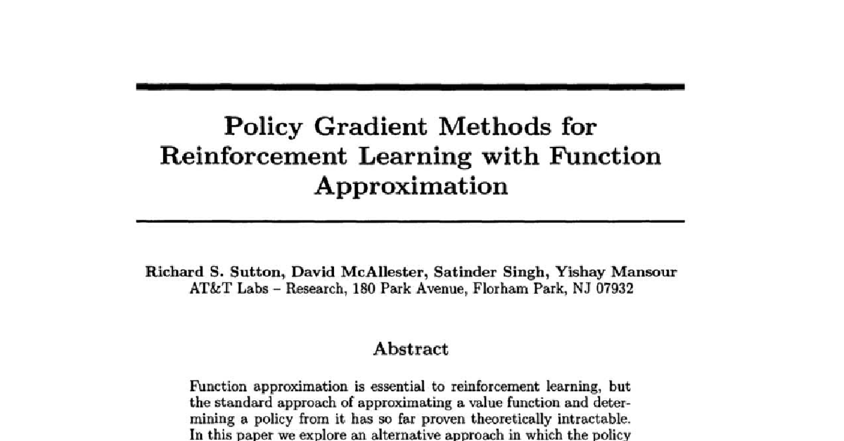 Policy Gradient Methods for Reinforcement Learning with Function Approximation cover