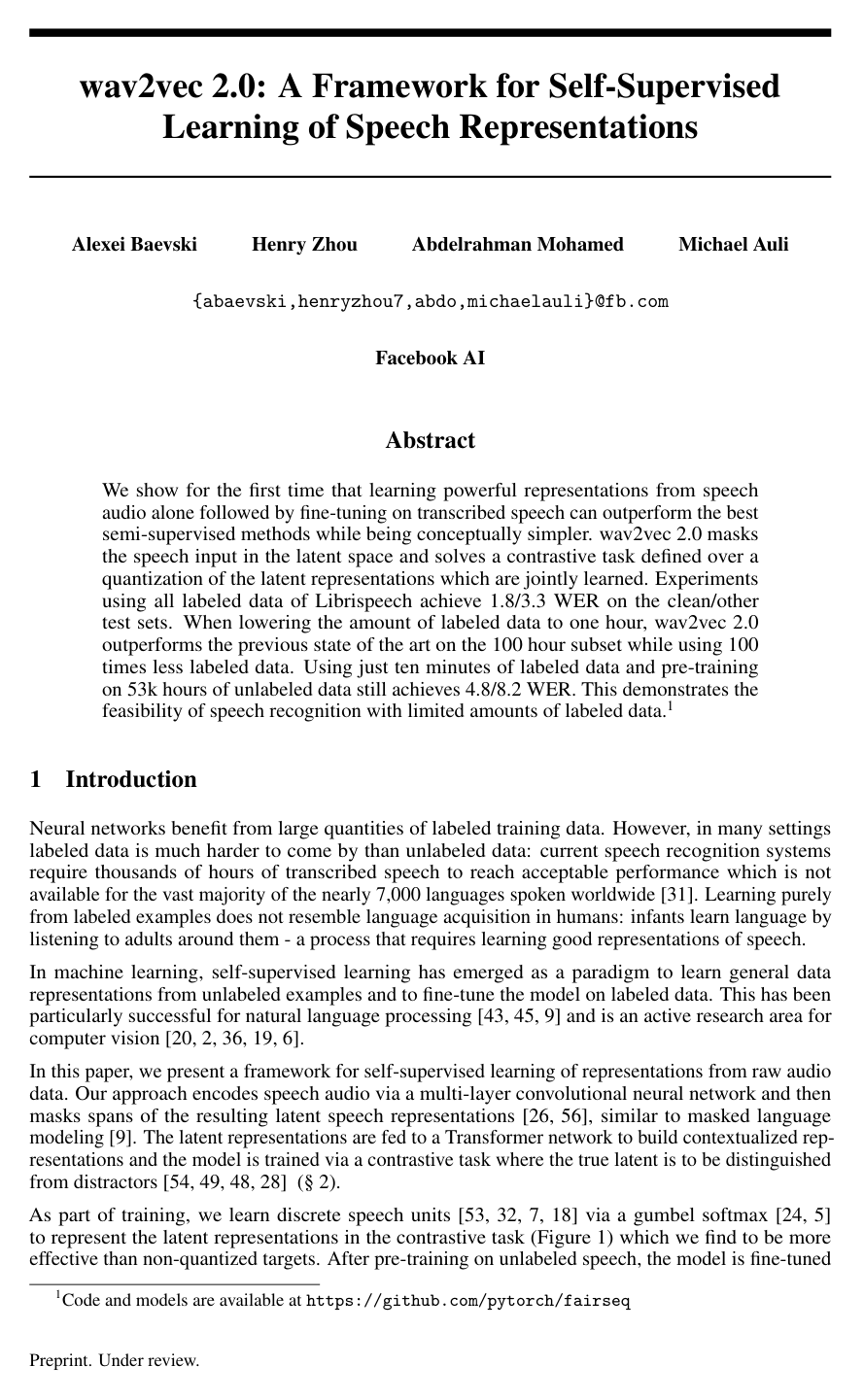 wav2vec 2.0: A Framework for Self-Supervised Learning of Speech Representations