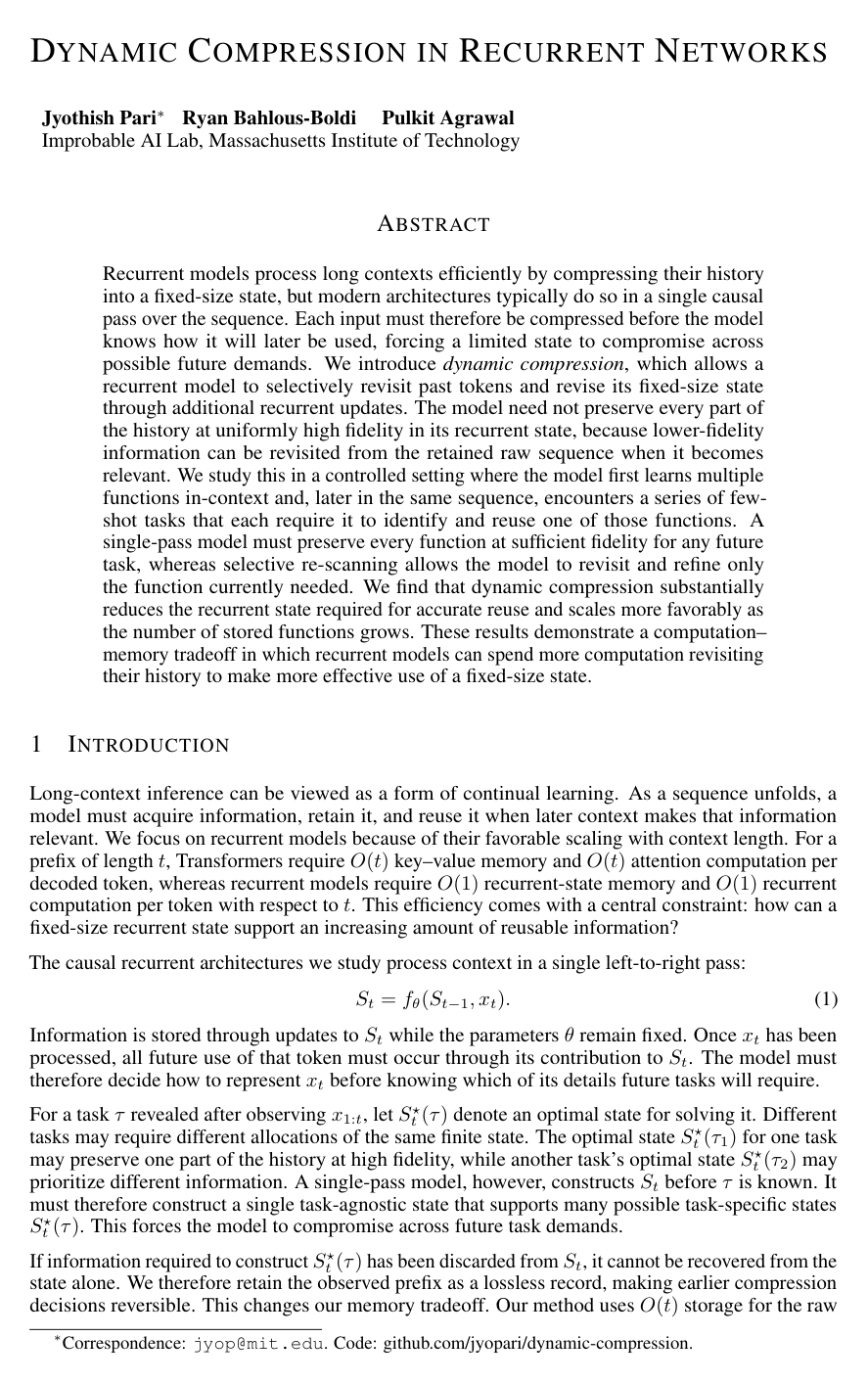 Dynamic Compression in Recurrent Networks