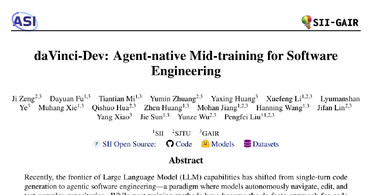 daVinci-Dev: Agent-native Mid-training for Software Engineering cover