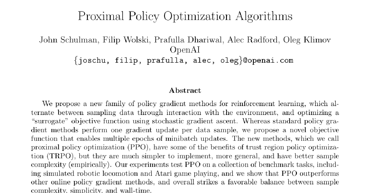 Proximal Policy Optimization Algorithms cover