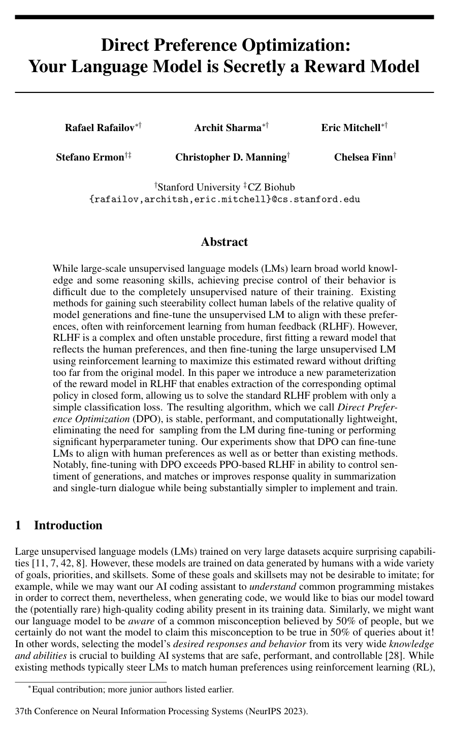 Direct Preference Optimization: Your Language Model is Secretly a Reward Model