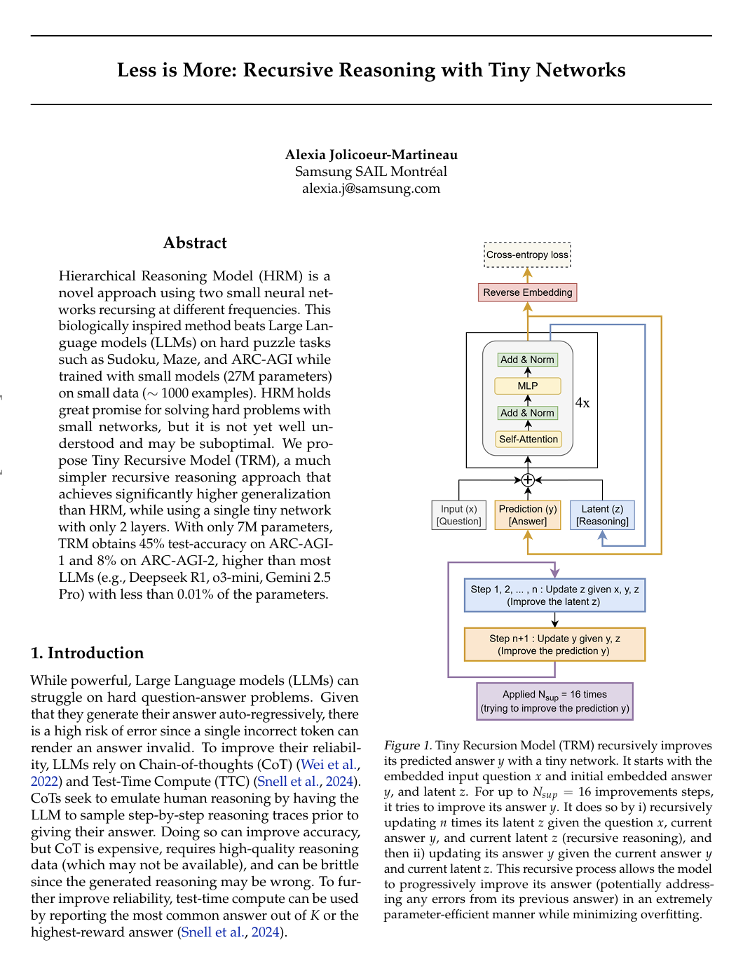 Less is More: Recursive Reasoning with Tiny Networks