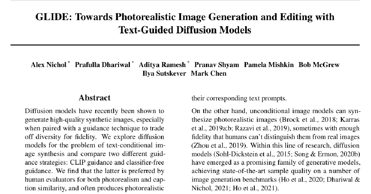 GLIDE: Towards Photorealistic Image Generation and Editing with Text-Guided Diffusion Models cover