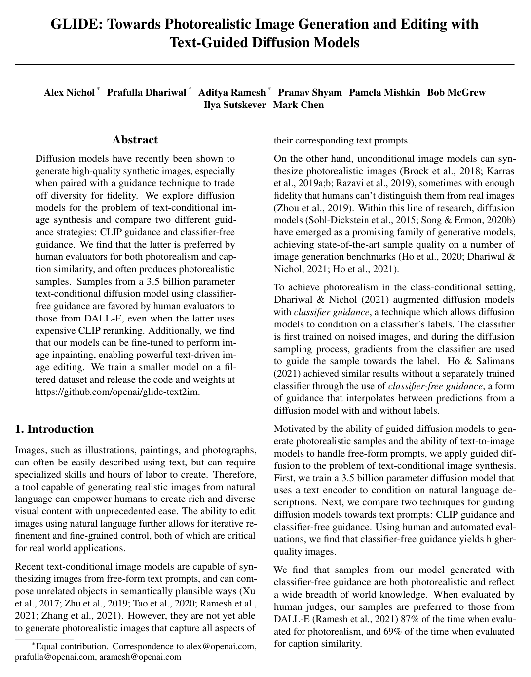 GLIDE: Towards Photorealistic Image Generation and Editing with Text-Guided Diffusion Models