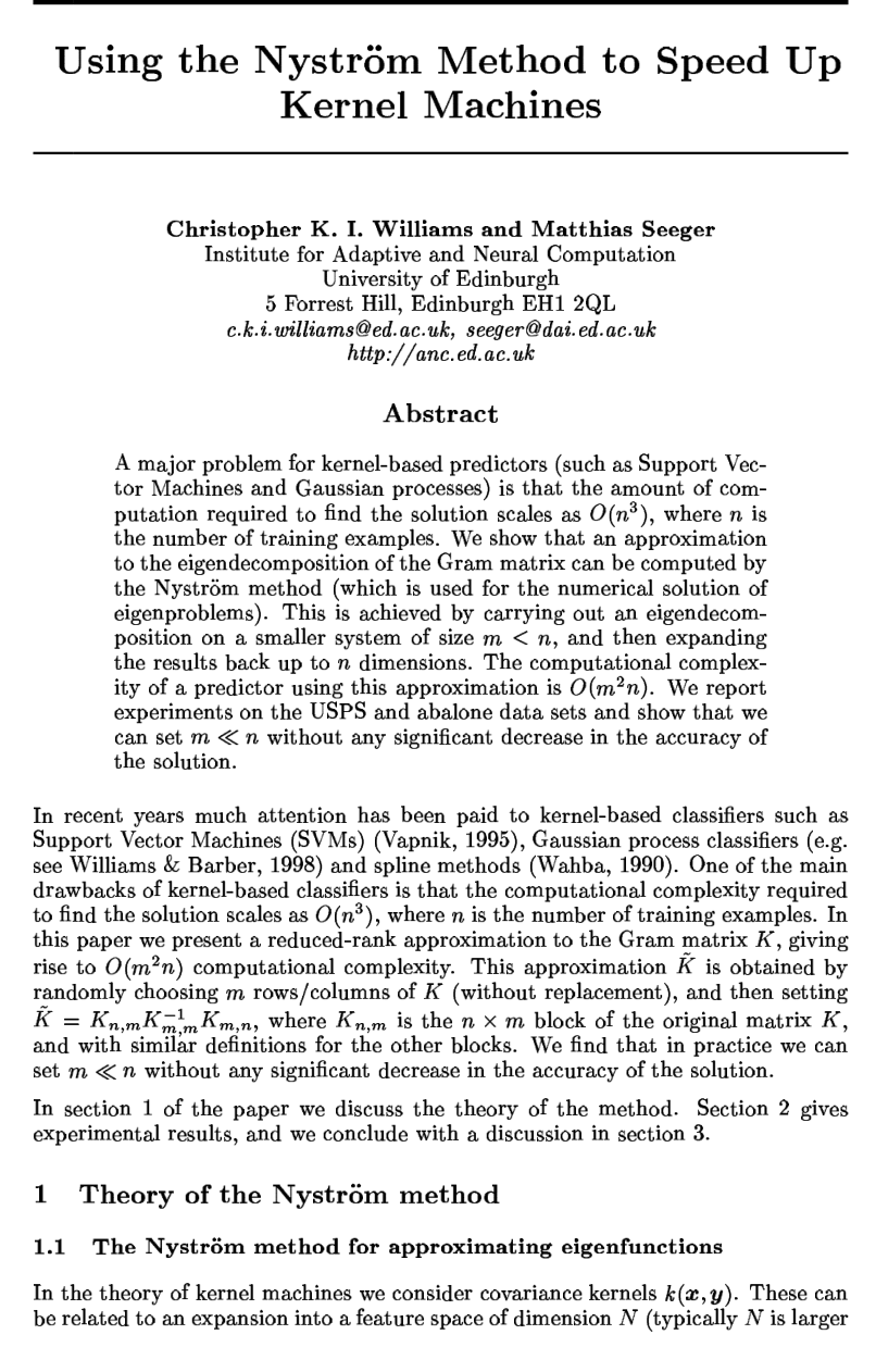 Using the Nyström Method to Speed Up Kernel Machines