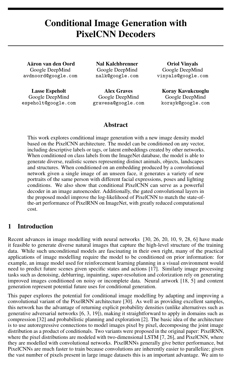 Conditional Image Generation with PixelCNN Decoders