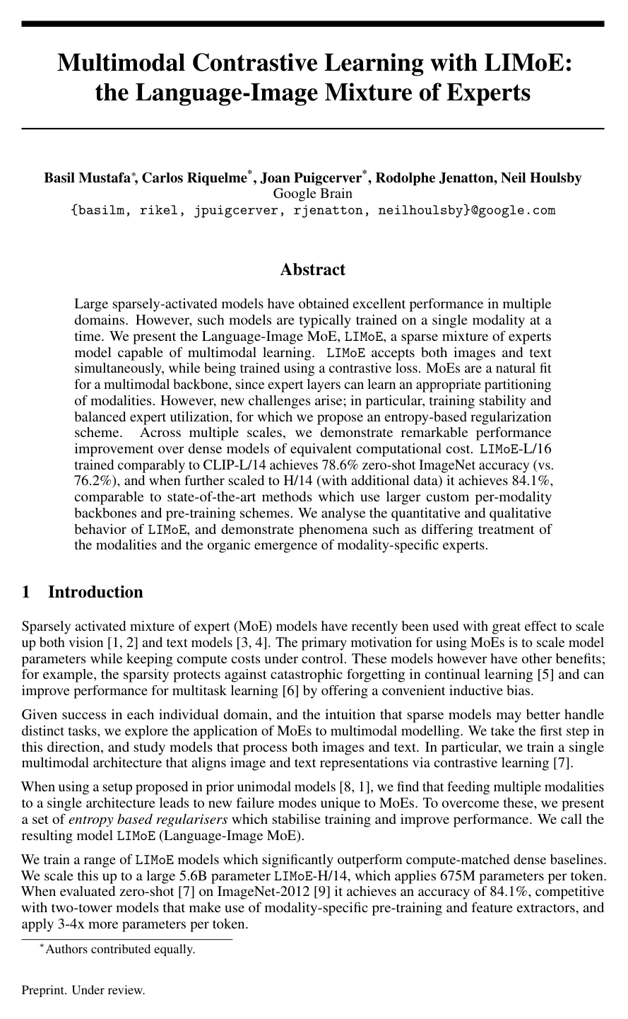 Multimodal Contrastive Learning with LIMoE: the Language-Image Mixture of Experts
