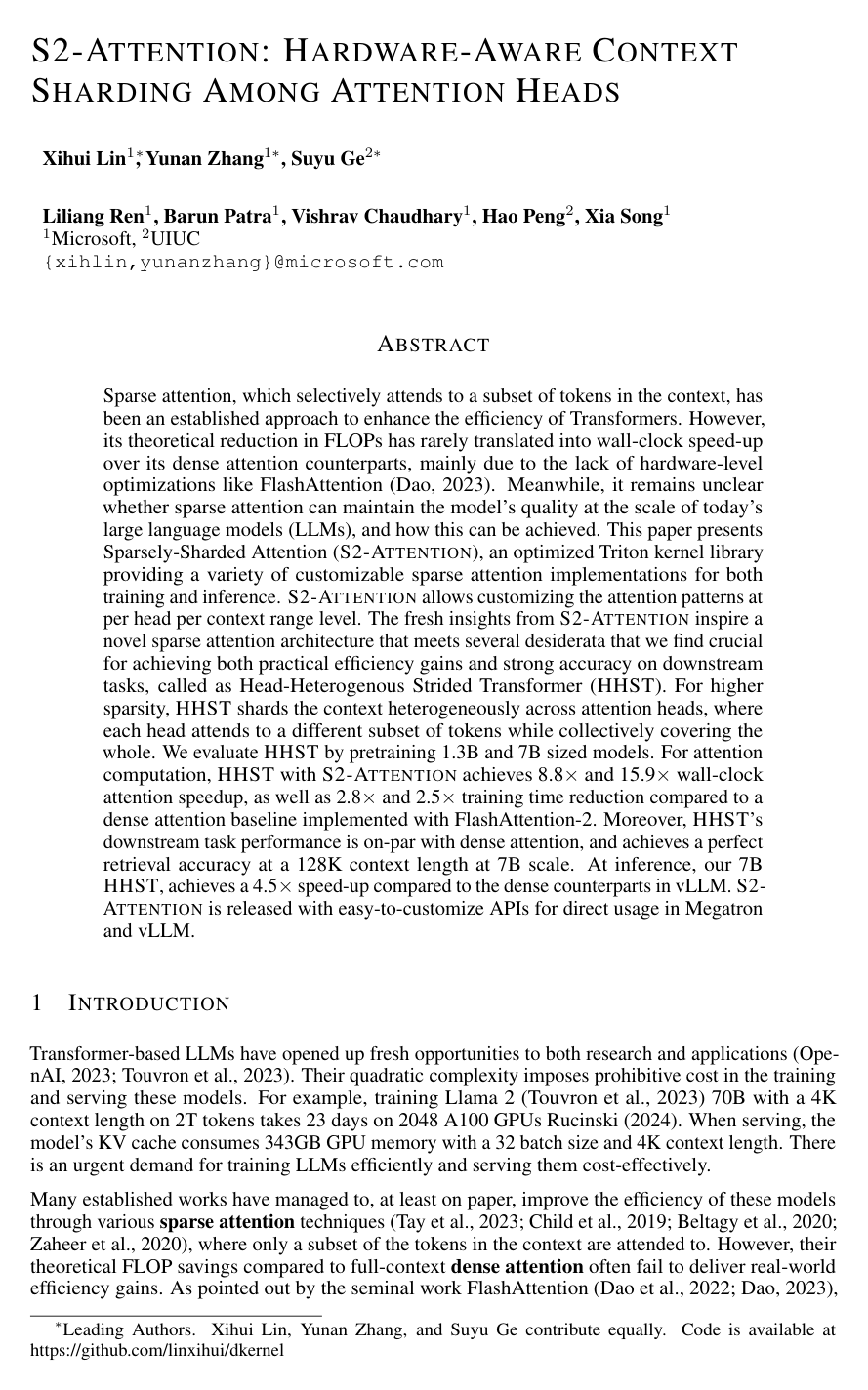 S2-Attention: Hardware-Aware Context Sharding Among Attention Heads