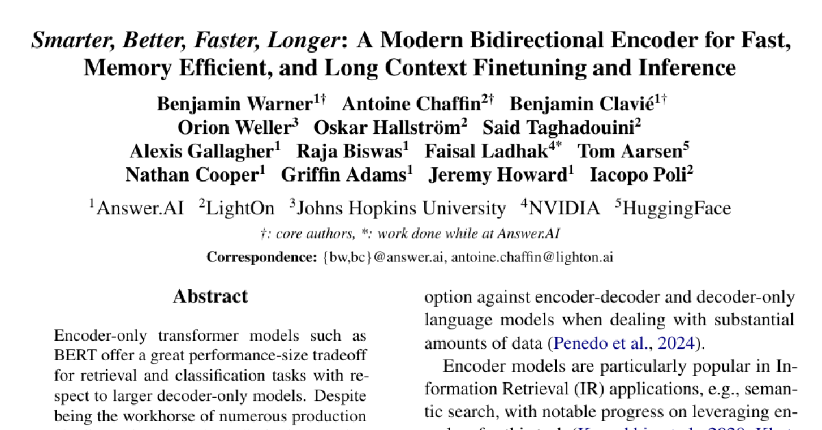 Smarter, Better, Faster, Longer: A Modern Bidirectional Encoder for Fast, Memory Efficient, and Long Context Finetuning and Inference cover